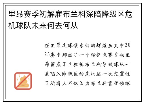 里昂赛季初解雇布兰科深陷降级区危机球队未来何去何从