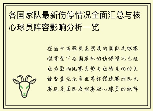 各国家队最新伤停情况全面汇总与核心球员阵容影响分析一览
